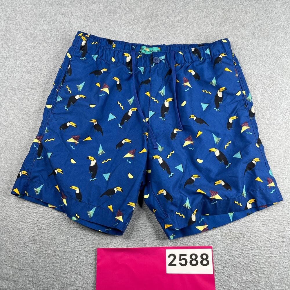 Joe Marlin Tucan Print Swim Shorts Beach Casual Blue Lined Draw String Medium